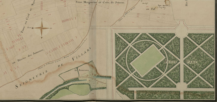 Détail du plan Neuvième du livre de plans de la Duché-Pairie de Villars - Tome II ''Moisenay'' par Paul Desquinemare (1740) Détail du plan Neuvième du livre de plans de la Duché-Pairie de Villars - Tome II ''Moisenay'' par Paul Desquinemare (1740)